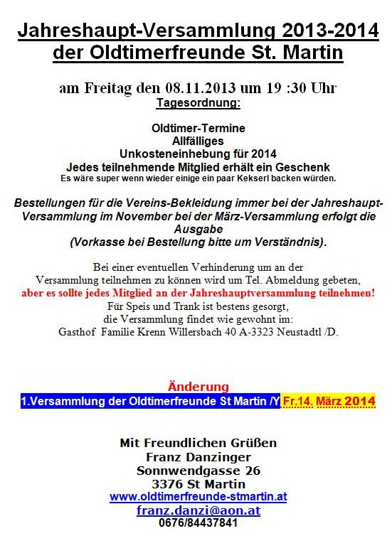 Einladungen 4. Jahreshaupt-Vers. 08.11.2013