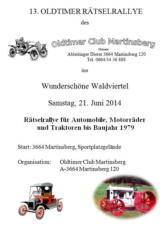 Martinsberg Oldtimer Rätselrallye u. Traktorausfahrt 21. Juni 2014