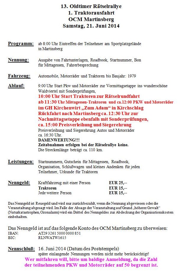 Martinsberg Oldtimer Rätselrallye u. Traktorausfahrt 21. Juni 2014 2