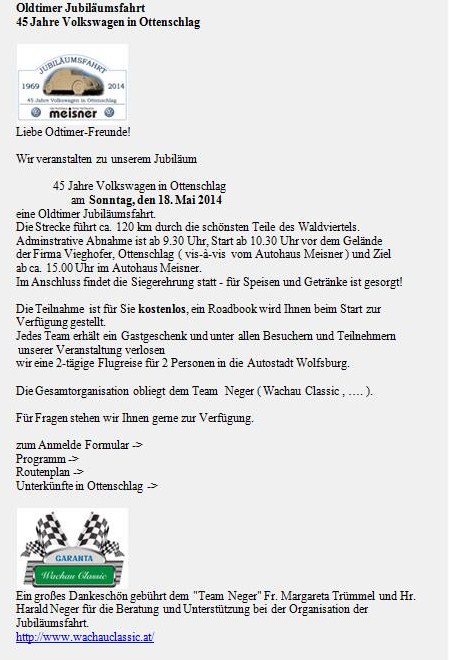 Ottenschlag Oldtimer Jubiläumsfahrt 45 Jahre Volkswagen 18.Mai 2014