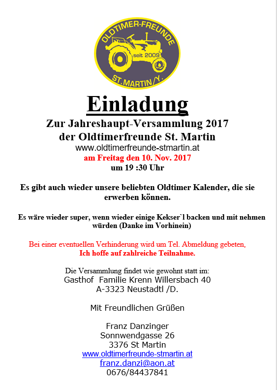 Einladung zur Jahreshaupt-Versammlung 2017