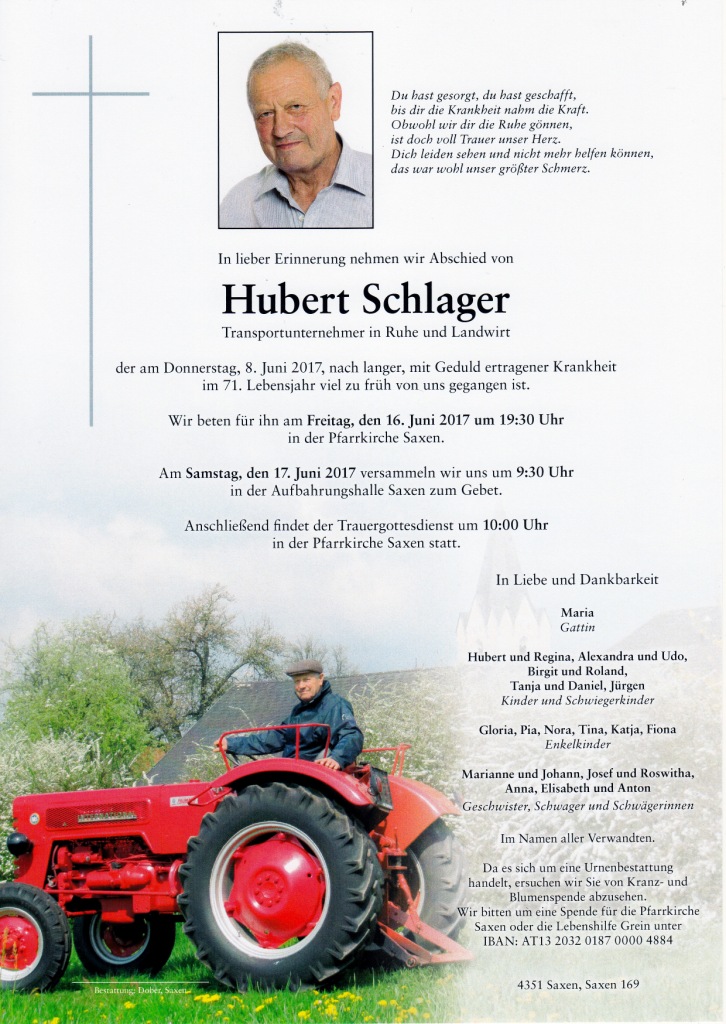 Schlager Hubert   verstorben           8. Juni 2017